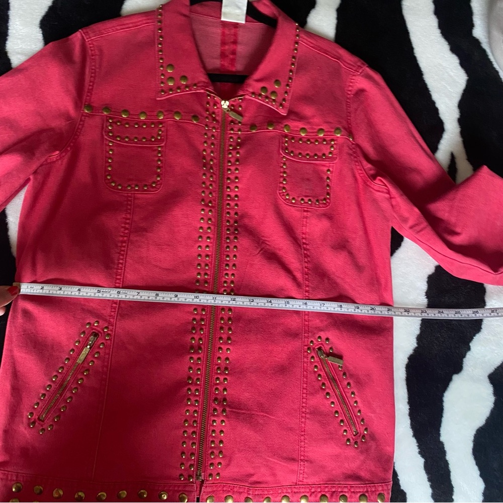 DG2 By Diane Gilman Women's Denim Gold Studded Orange Red Stretch Zip Jacket XL - Picture 2 of 9